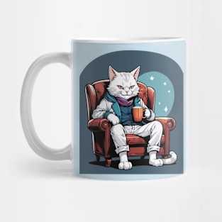 White Cat Lounging with Hot Chocolate Mug